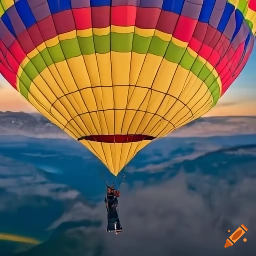 adventurer hanging from a hot air balloon