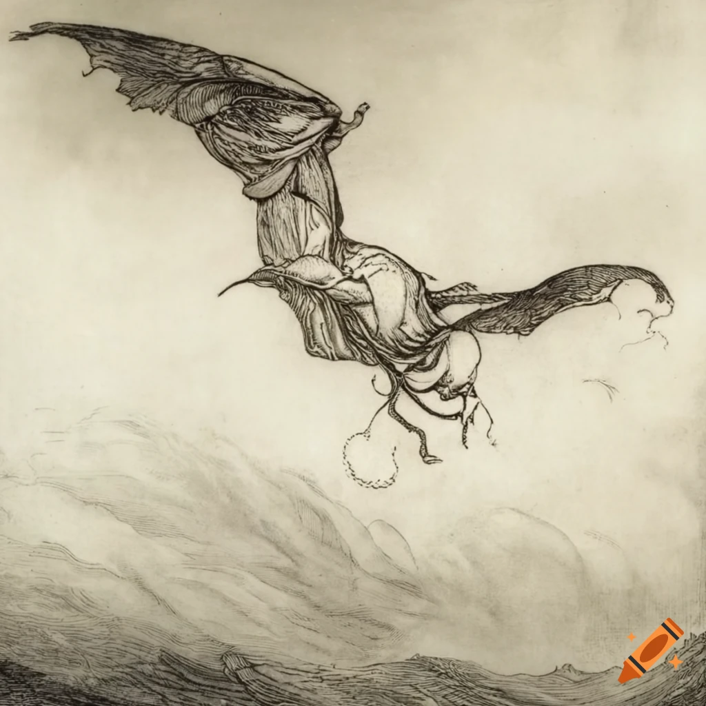 black and white etching of silk fabric in the sky