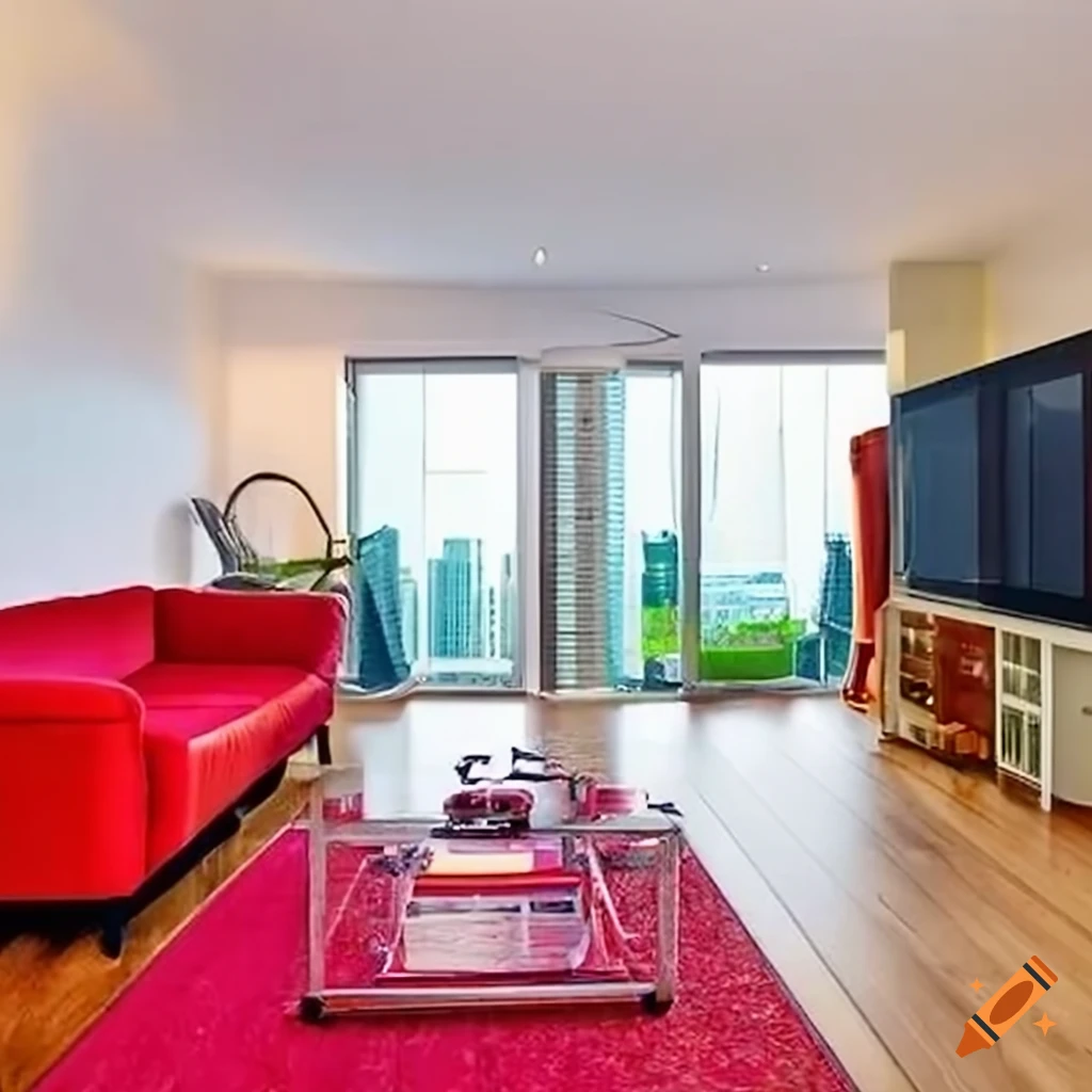 Modern Apartment With Red Sofa And City