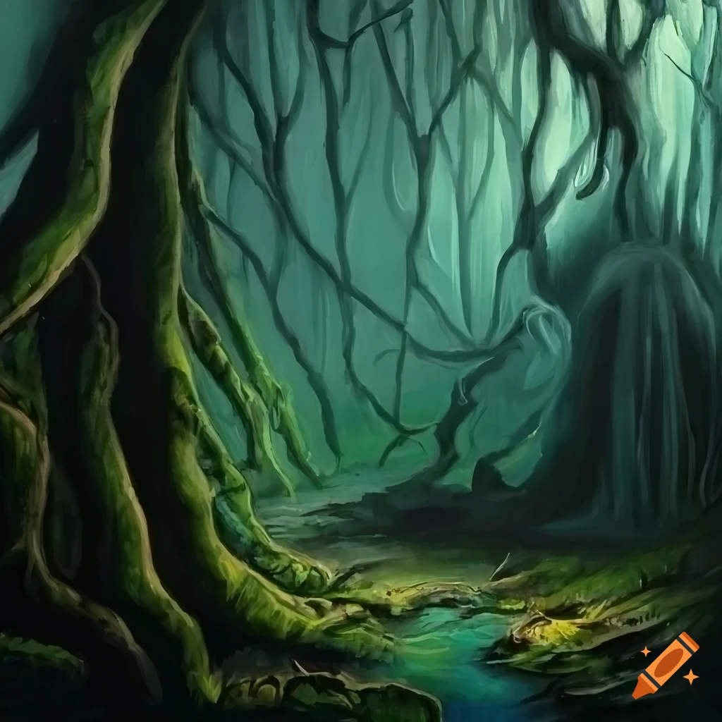 oil painting of a dark and haunting jungle