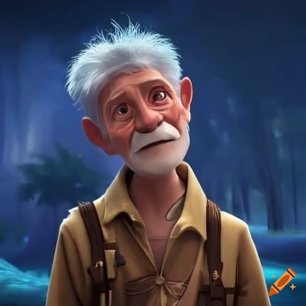 Pixar image of an elderly man with a hunting rifle in a foggy forest