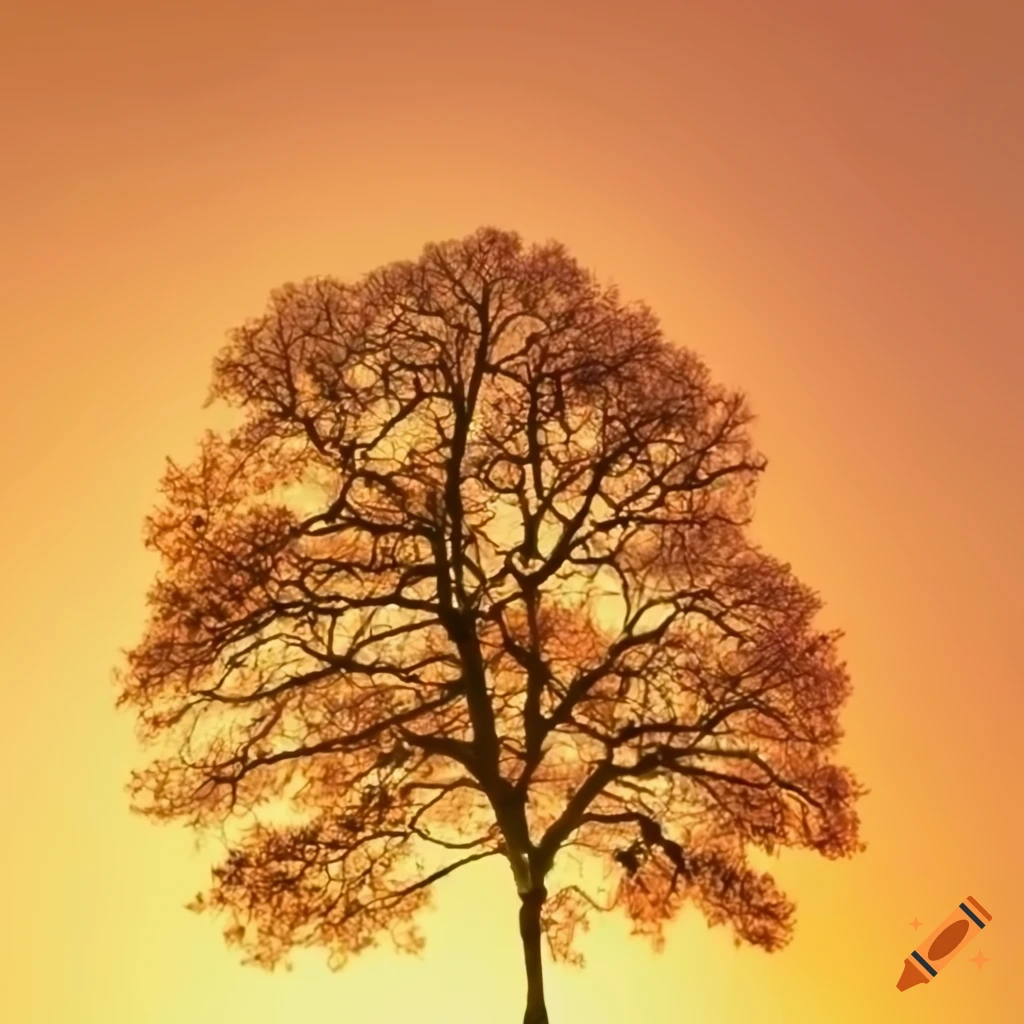 oak tree leaves against an orange sky