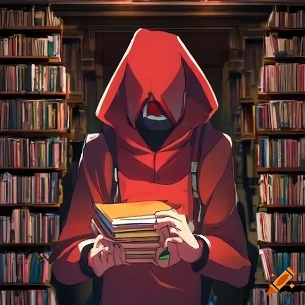 red-hoodied anime boy in a library full of books