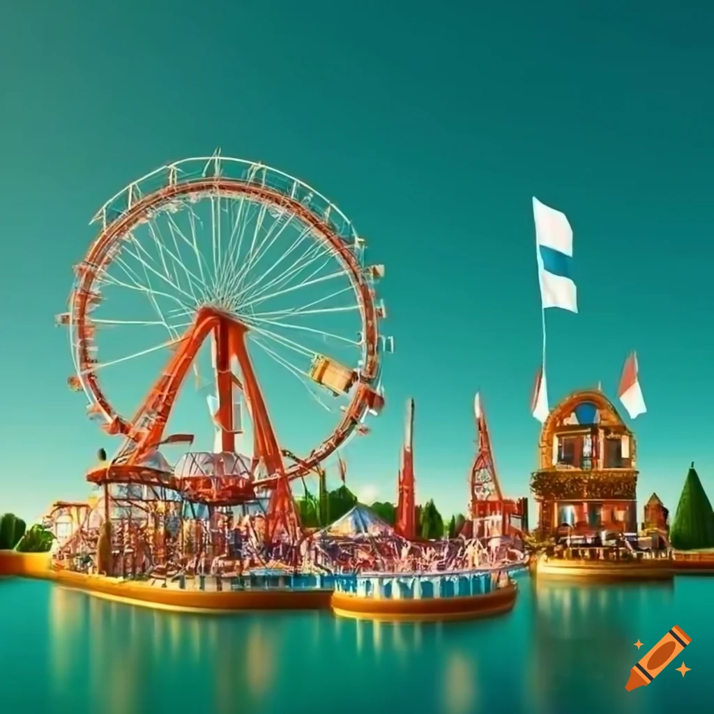 render of Oktoberfest theme park with ferris wheel and roller coaster