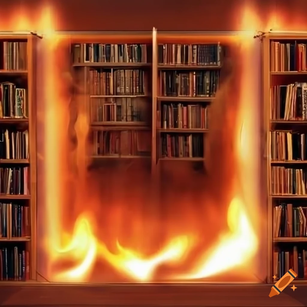 Modern library with a firethemed backdrop on Craiyon