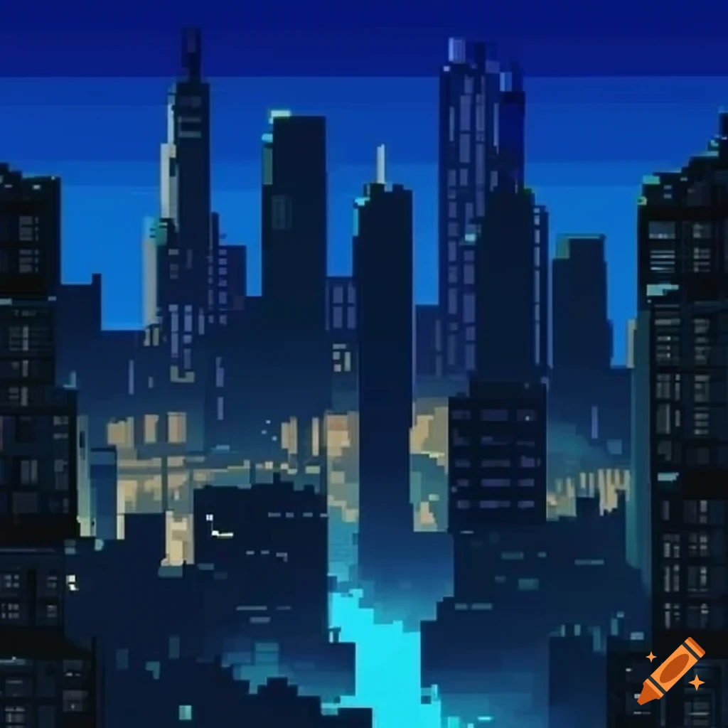 Pixel art of a futuristic city skyline on Craiyon