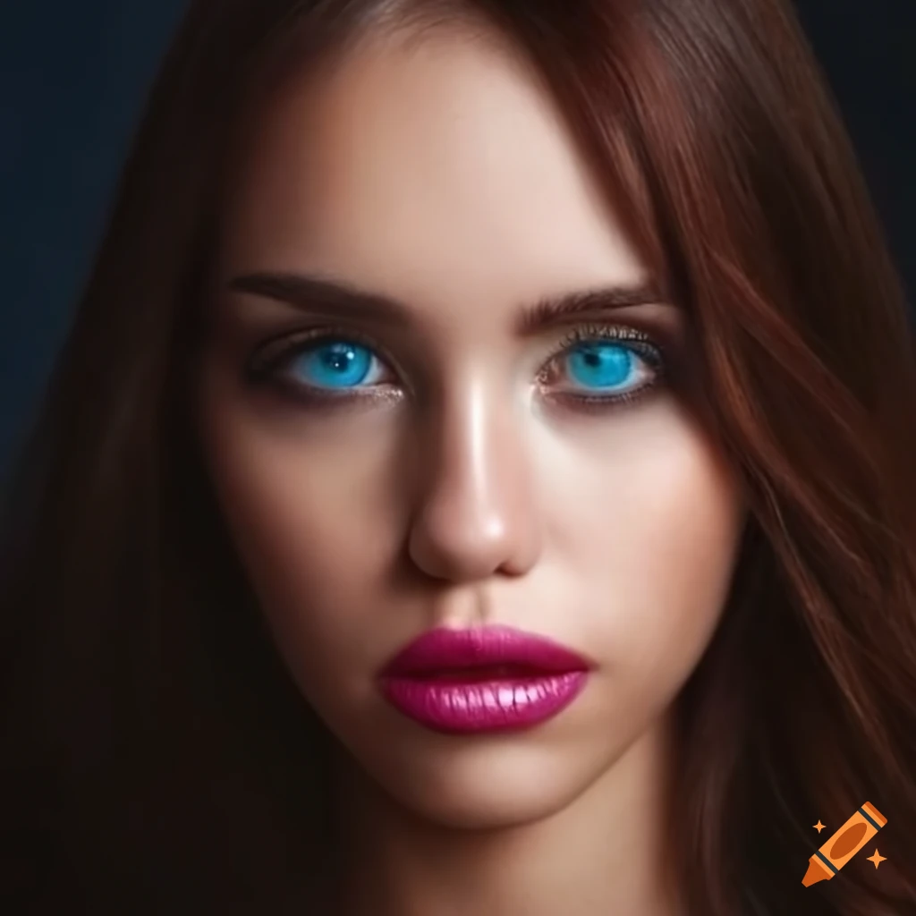 Beautiful portrait of a woman with tan skin and blue catlike eyes