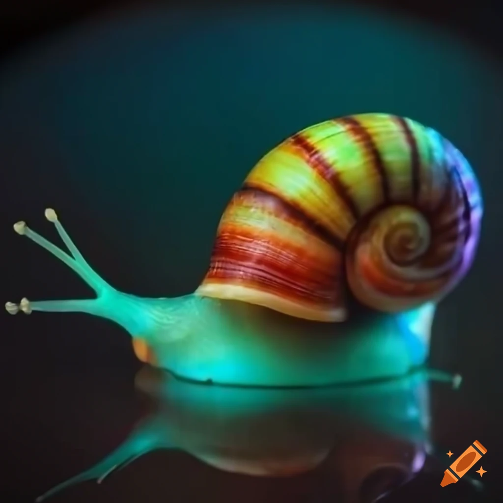 neon snail with a shimmering shell on a glass
