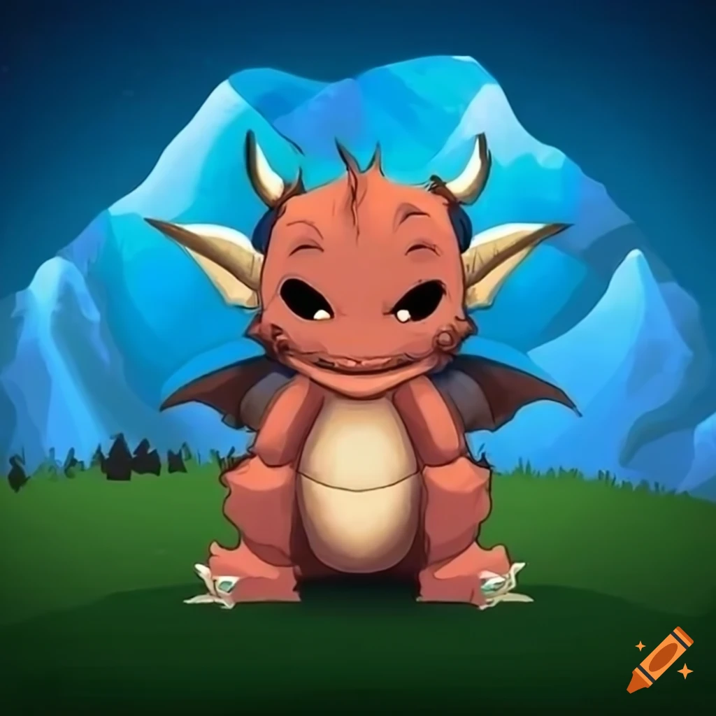 cute dragon in front of a mountain