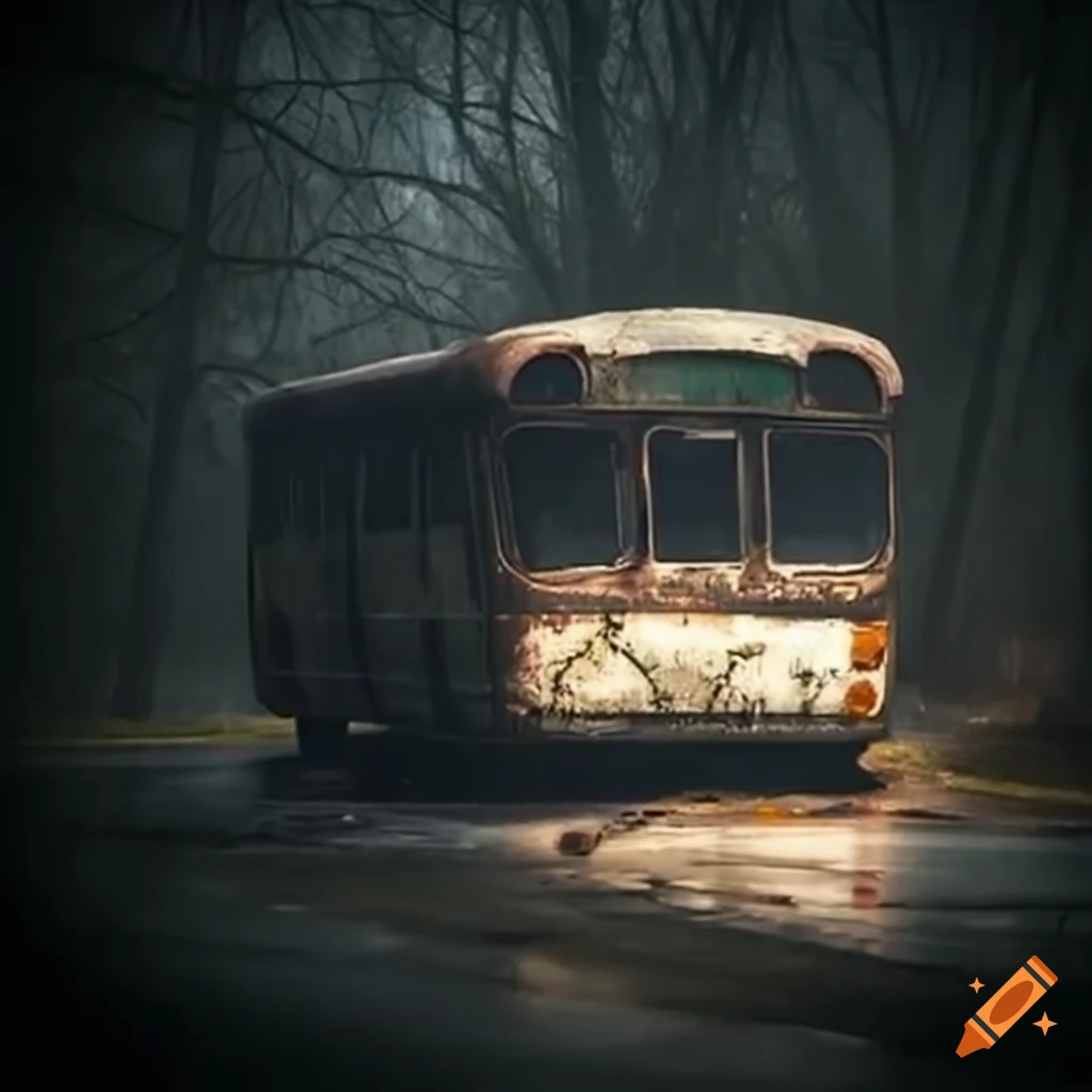 Scary abandoned bus on an eerie road on Craiyon
