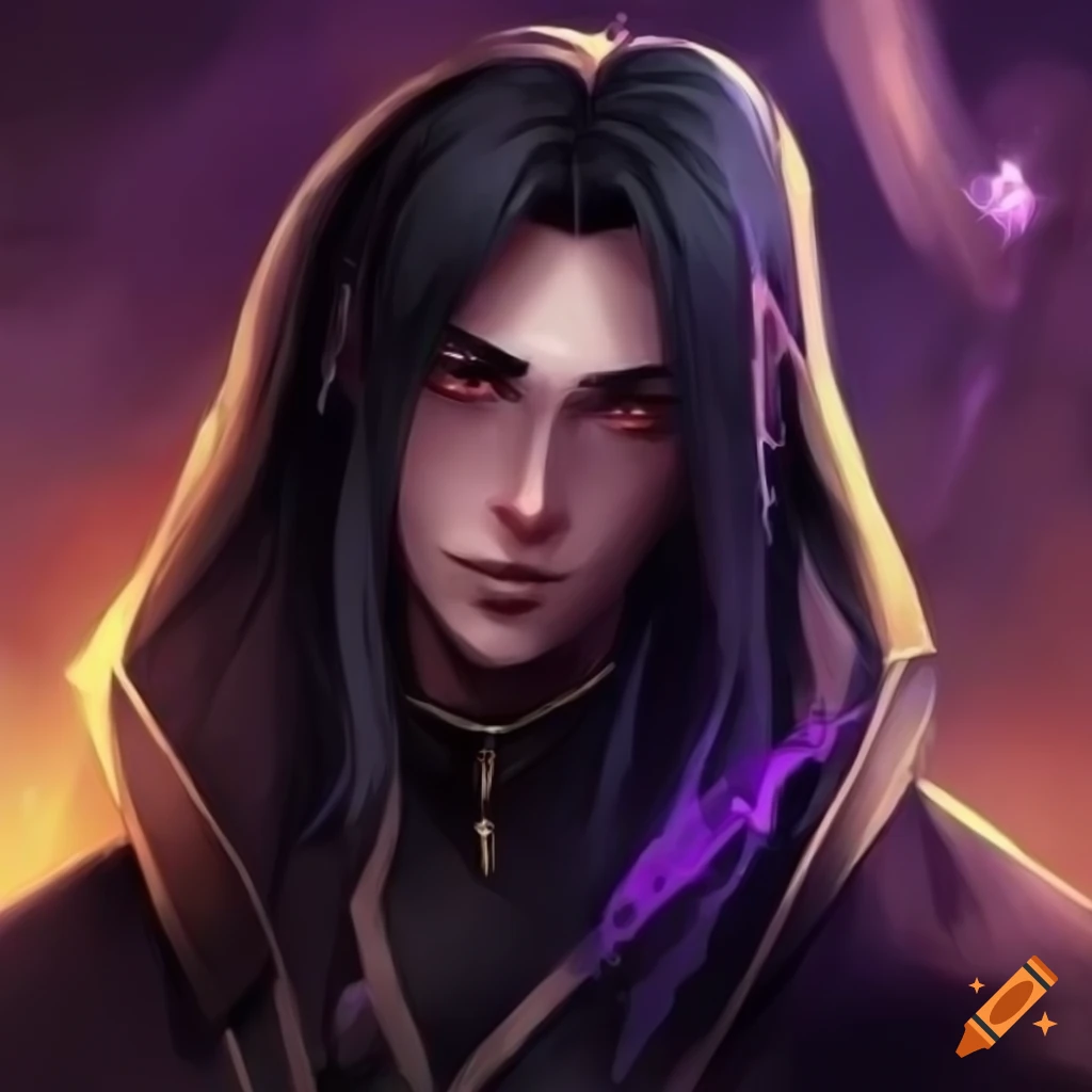 Handsome mage with long black hair and glasses on Craiyon