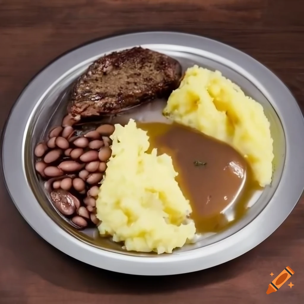 delicious steak with mashed potatoes and beans covered in gravy