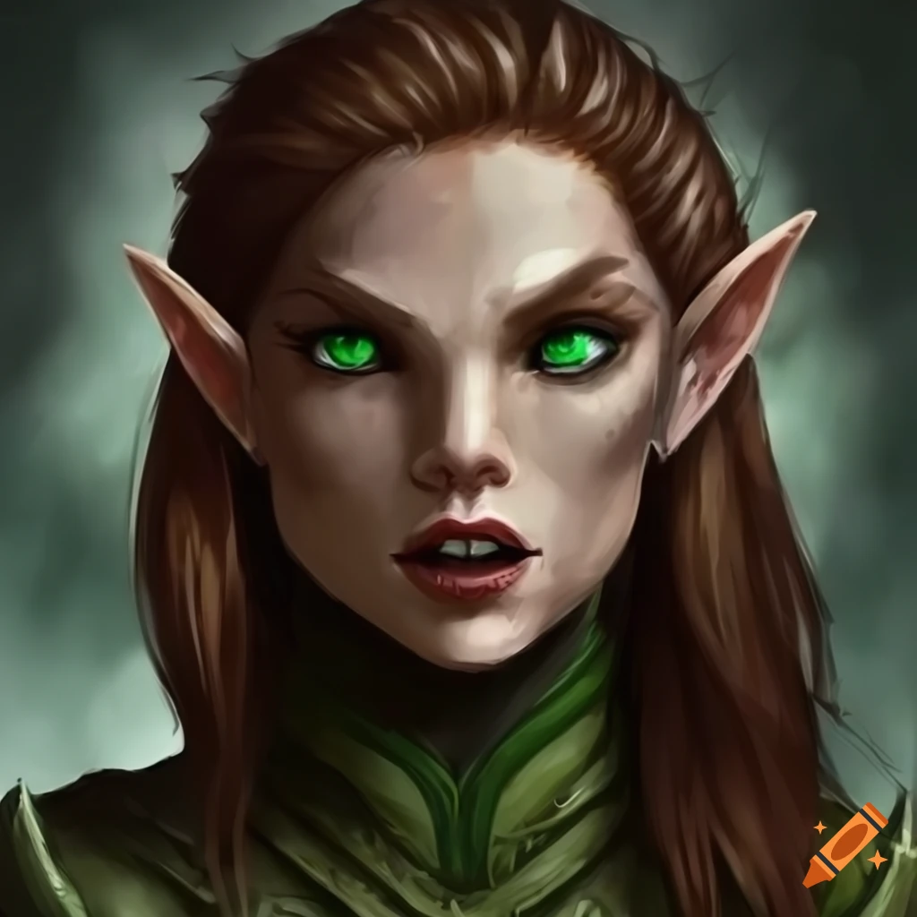 Artwork of a fierce female elf rogue with green eyes