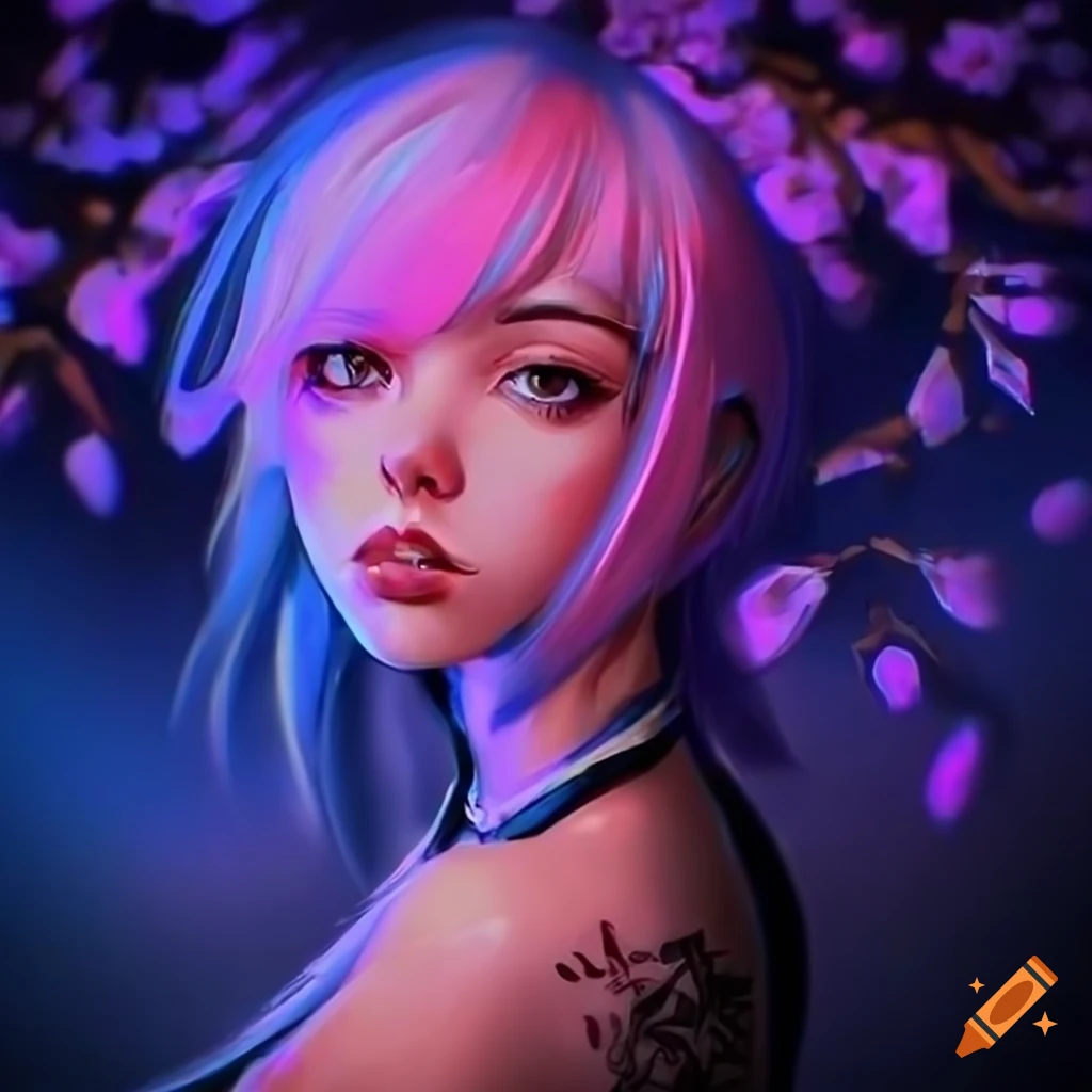 Realistic artwork of a cyberpunk girl with colorful hair