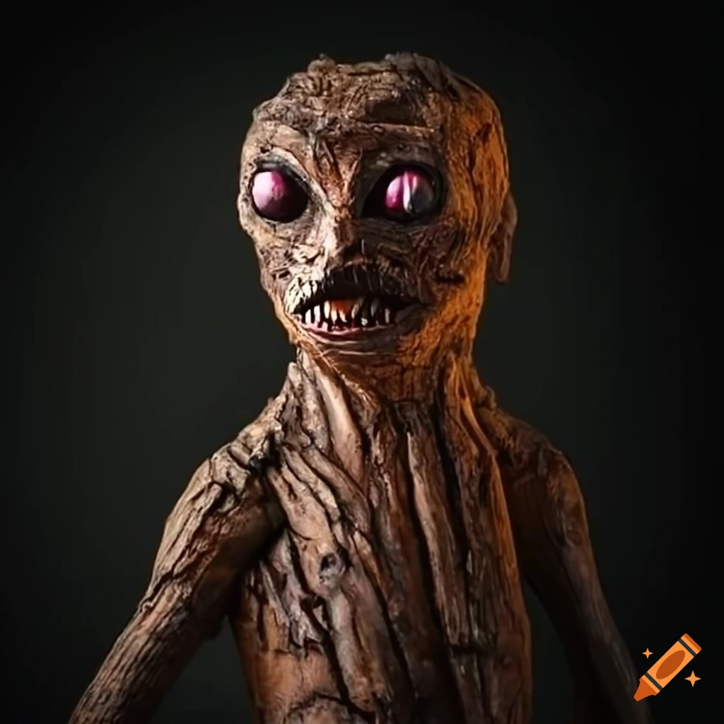 sculpture of a menacing bark creature with black eyes