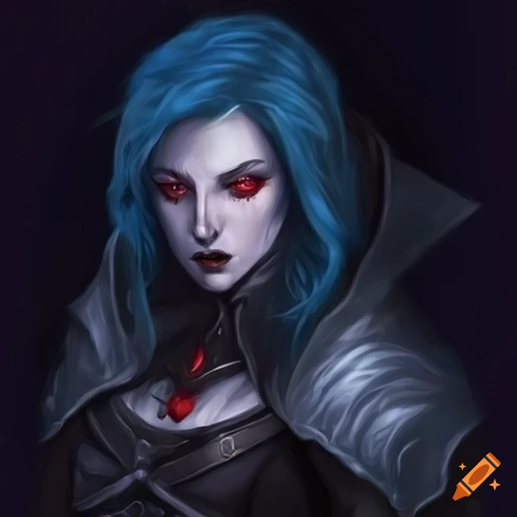Detailed portrait of a blue-haired female vampire paladin on Craiyon