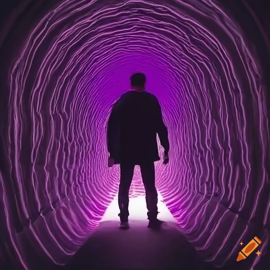 man in a tunnel with a bright purple light