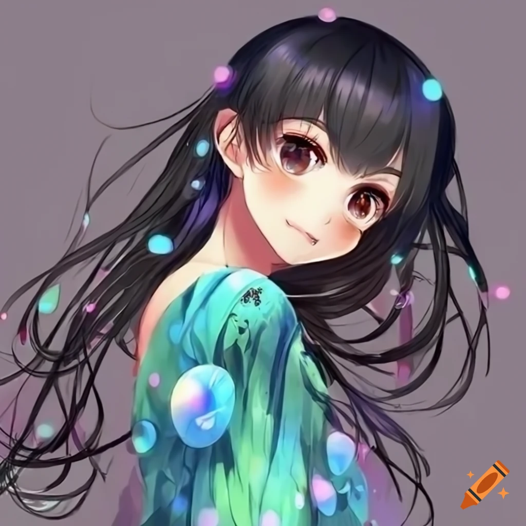 Anime girl, curly brown hair, blue themed clothes, cute, kawaii, clean  lines in drawing, deep brown eyes, anime