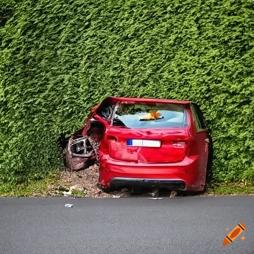 rear view of a crashed red car through a hedge fence