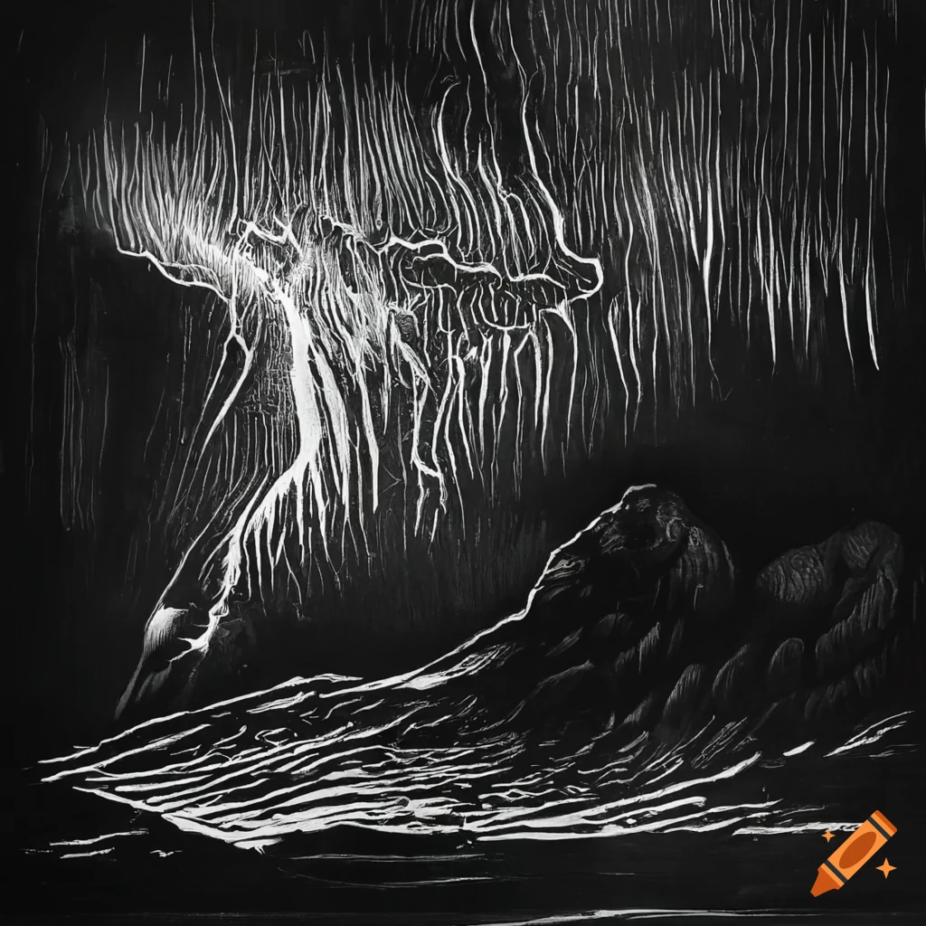 Surreal black and white sketch or engraving of a nature scene with ...