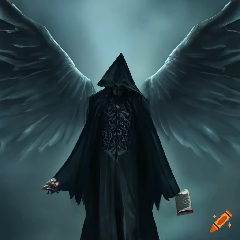 Tony Ferguson in dark fantasy style with black wings and a book