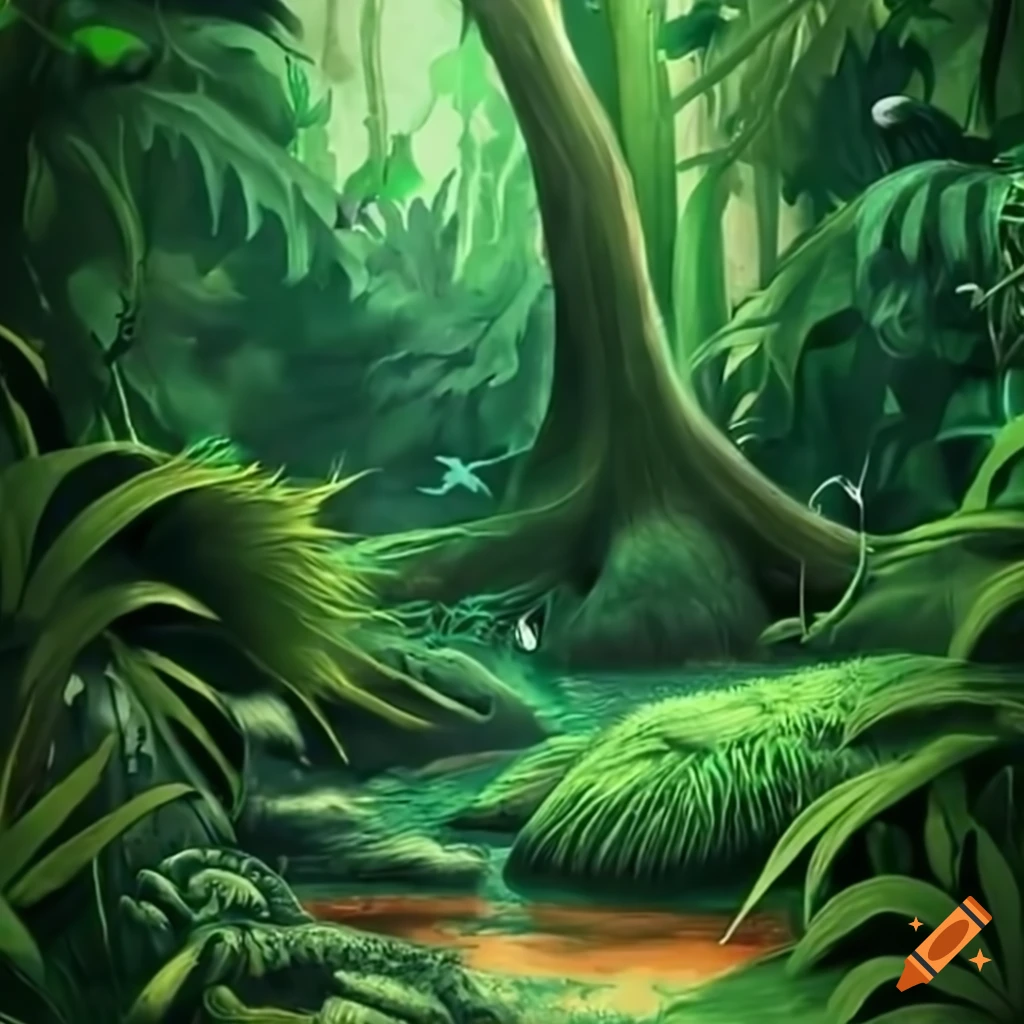 Floresta mágica com rio e plantas