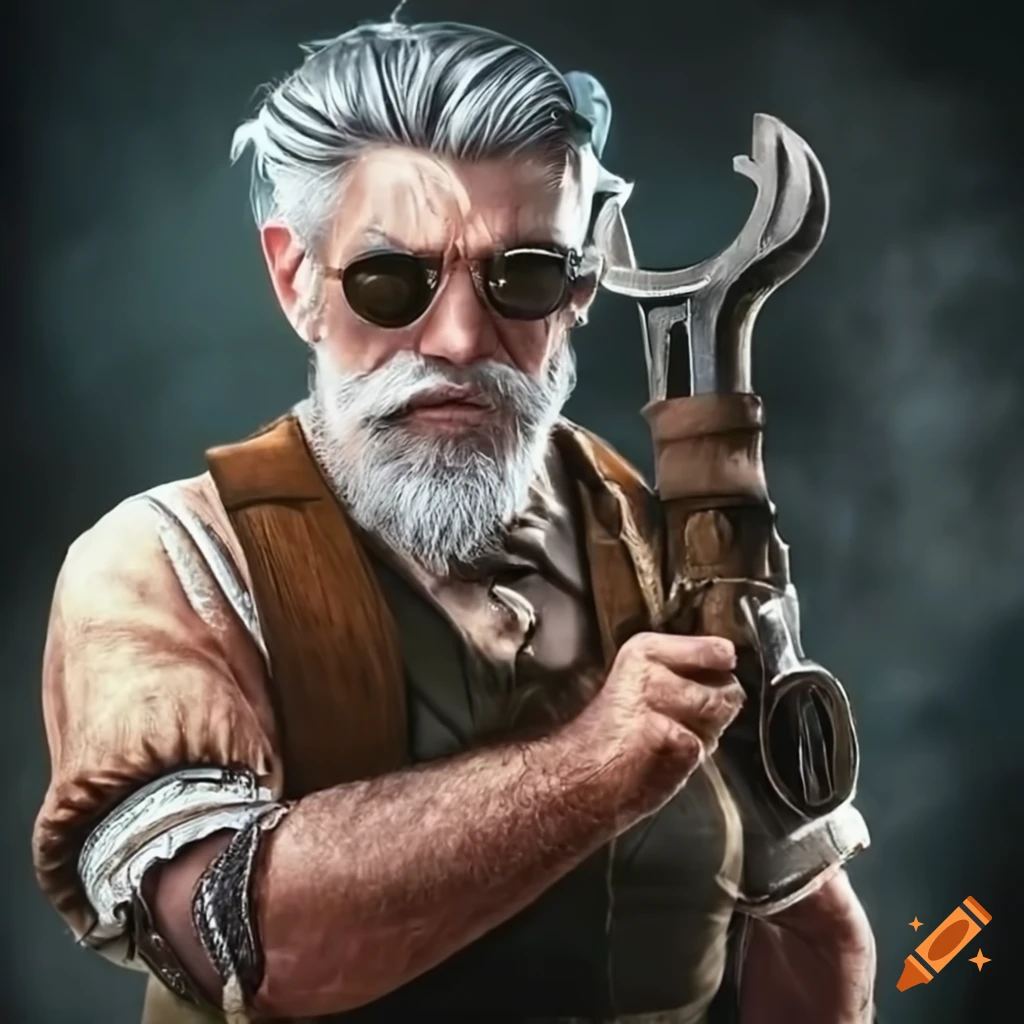 plumber with grey hair and steampunk style