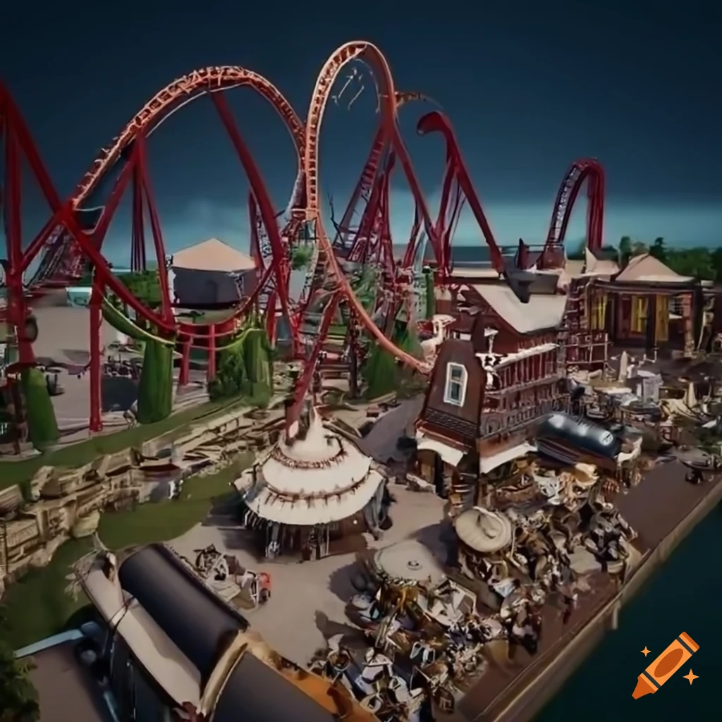 photorealistic render of an amusement park with a rollercoaster