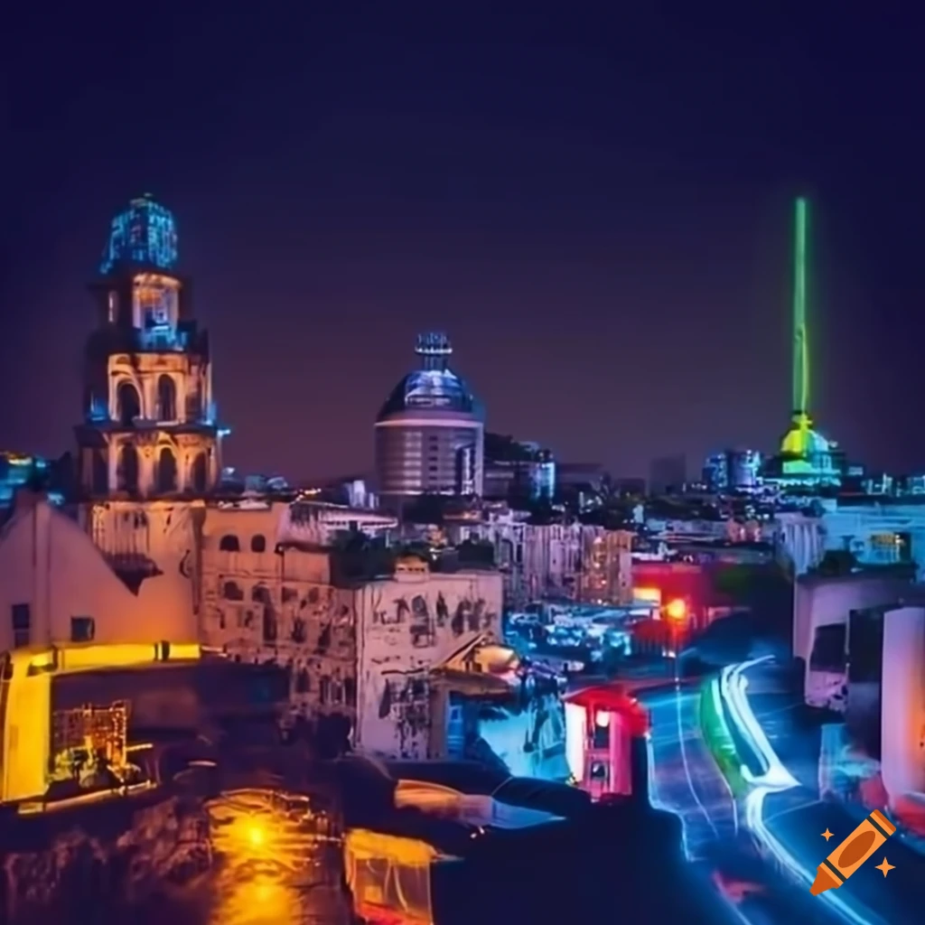 futuristic cityscape of Mexico with neon lights