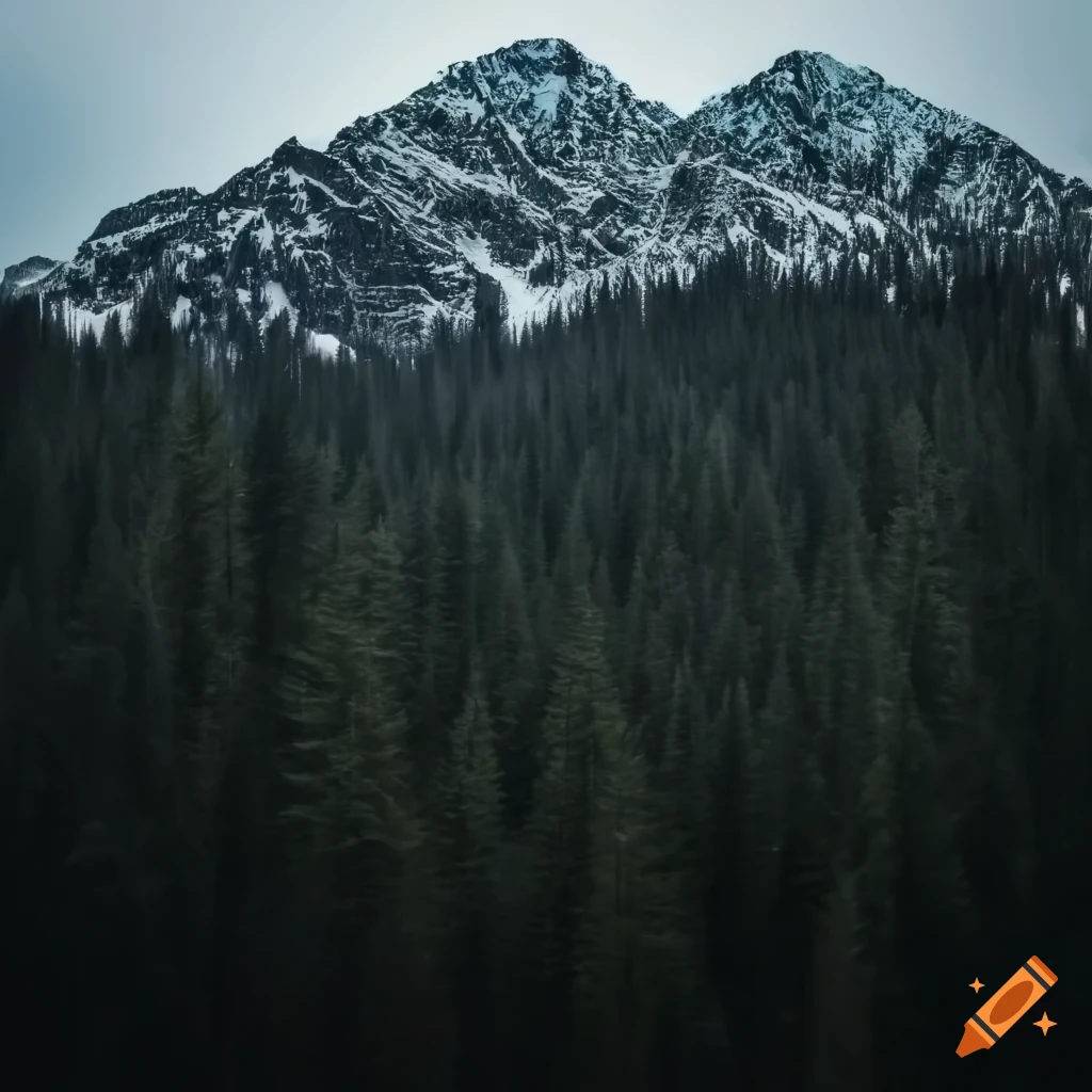 Snowy mountains with pine forest on Craiyon