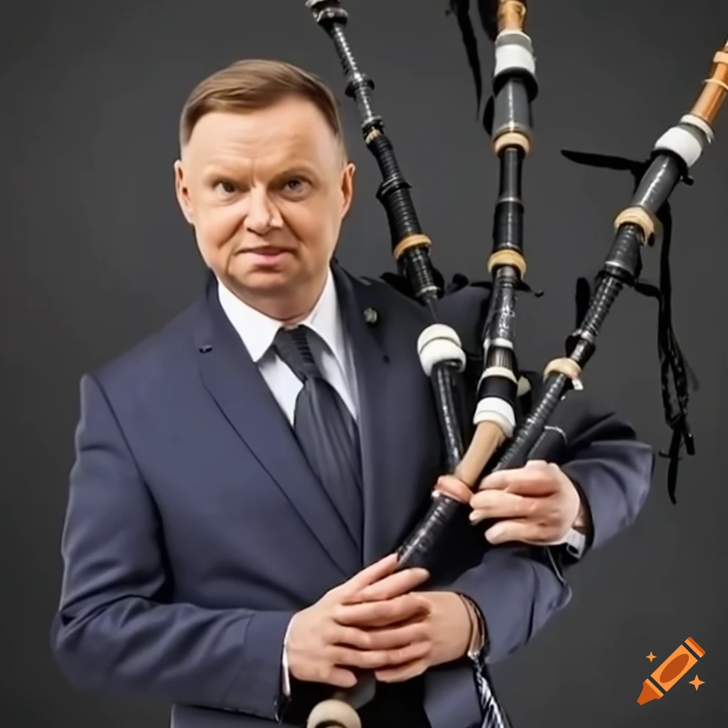 satirical image of Andrzej Duda playing bagpipes upside down