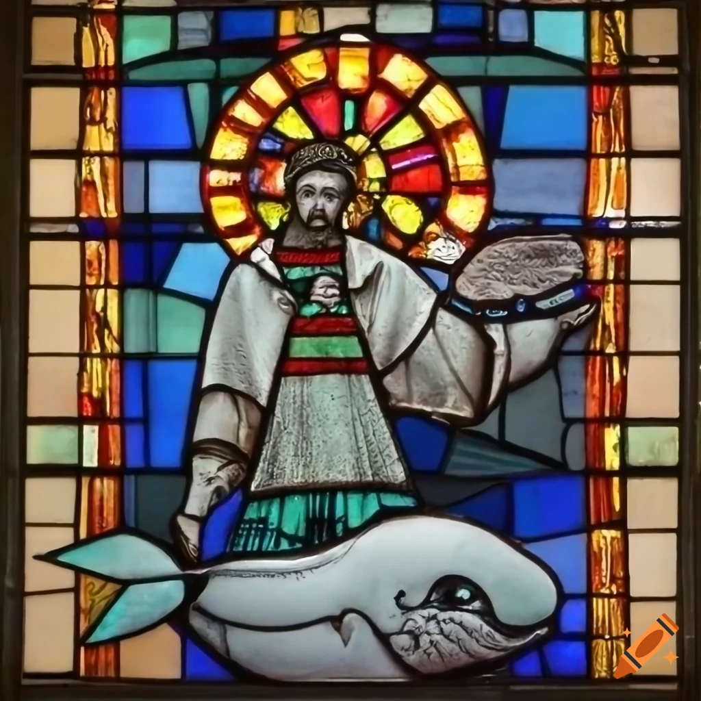 stained glass window of saint Brendon on a whale