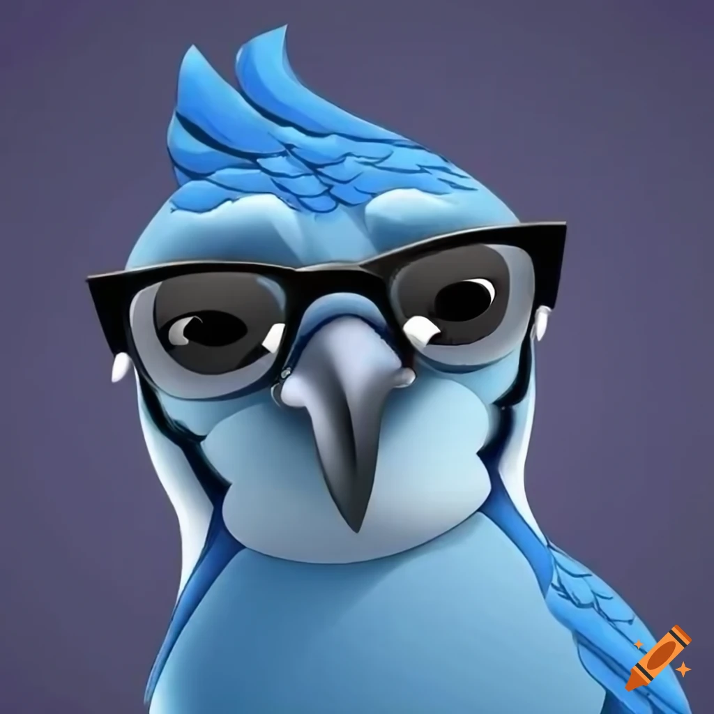 Cartoon blue jay character with glasses on Craiyon