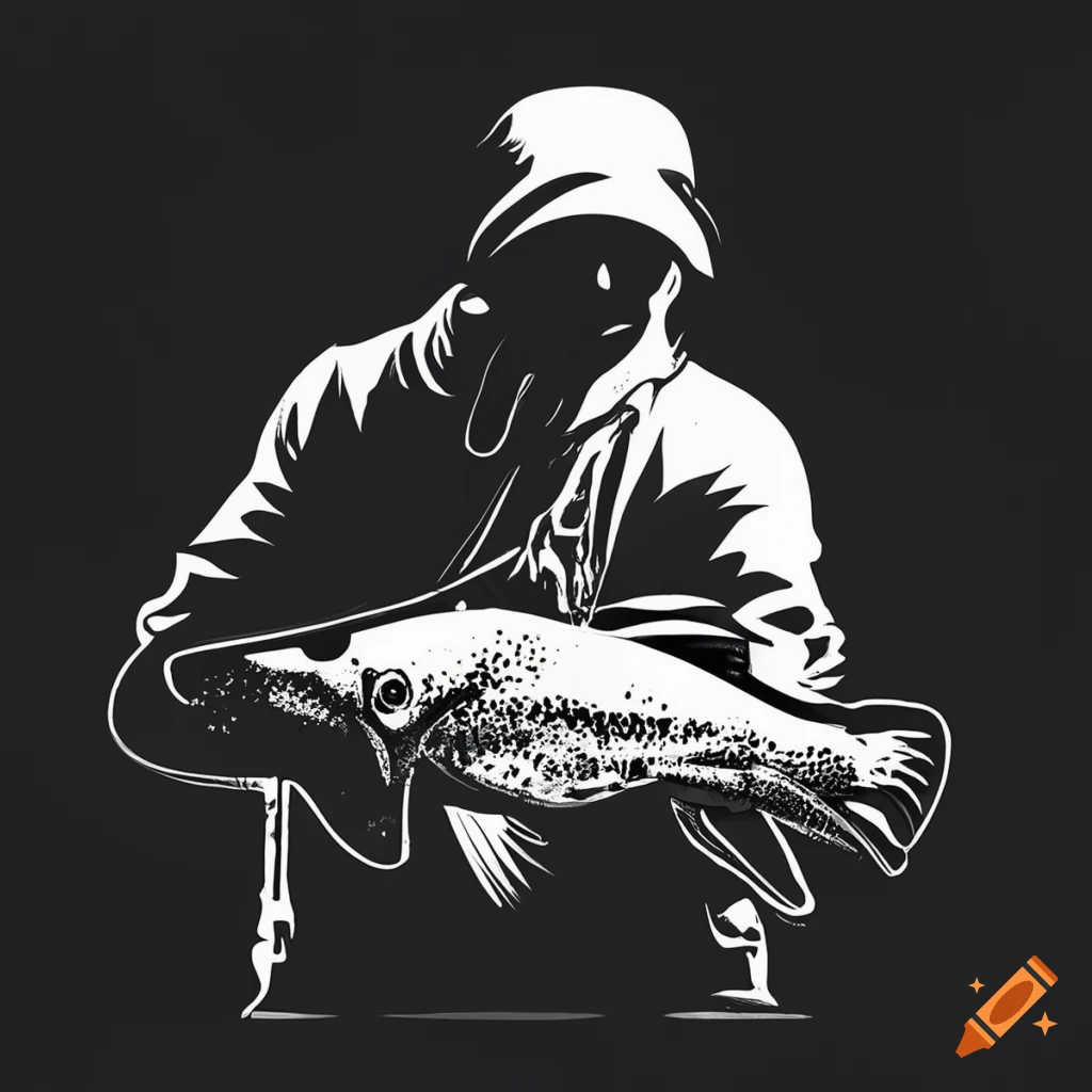 Black and white logo style illustration of a man fishing for trout on  Craiyon