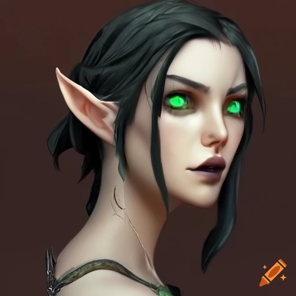 Image of a female half-elf warlock with green eyes and black hair