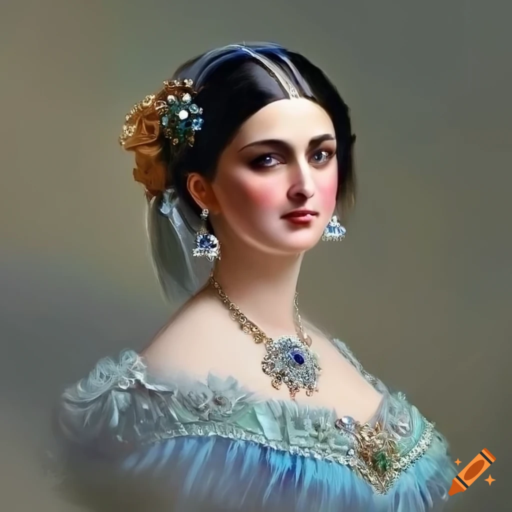 portrait of a elegant black haired lady with blue eyes
