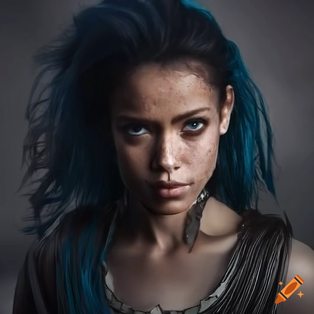 Portrait Of A Fierce Female Warrior With Dark Blue Hair On Craiyon 