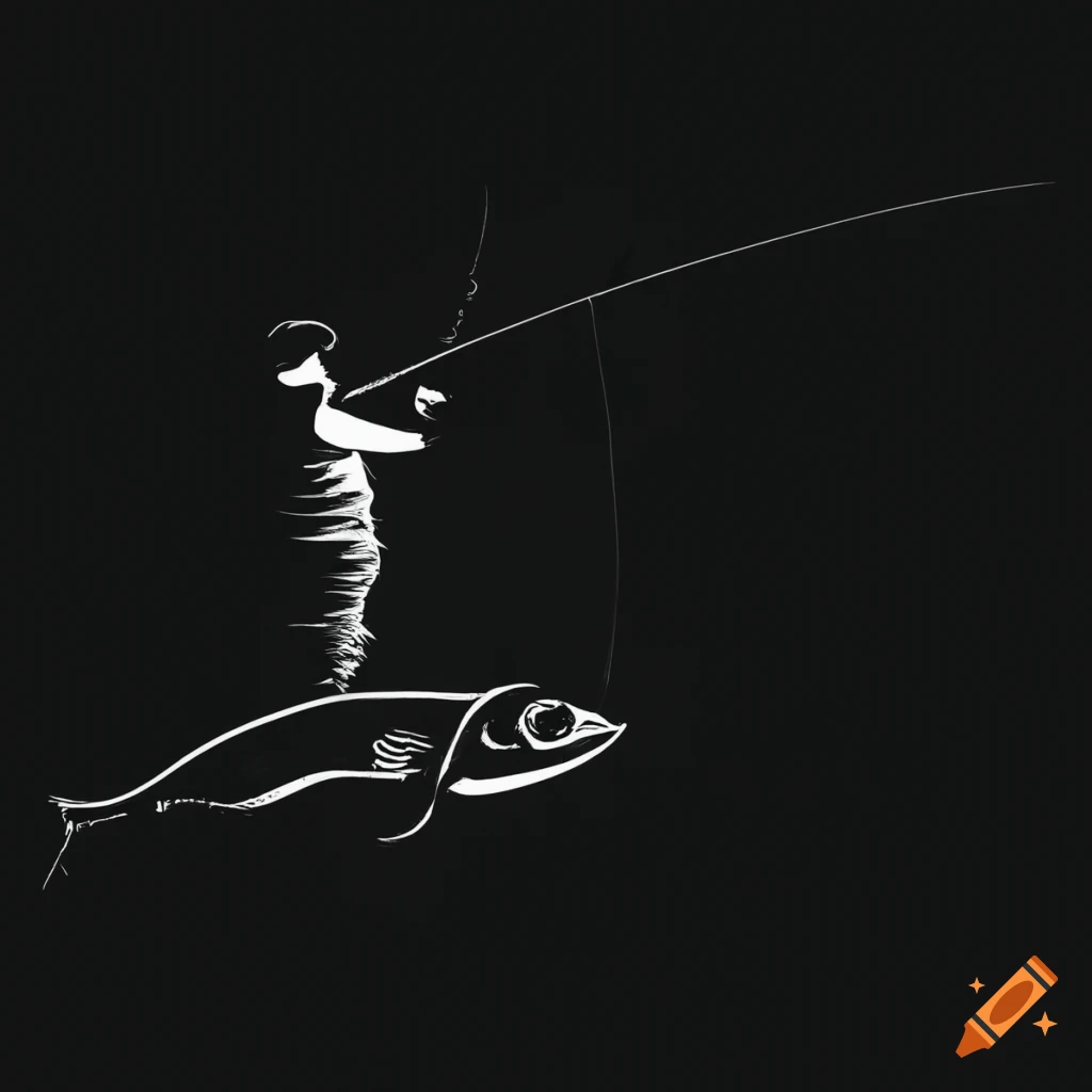 Black and white logo style illustration of a man fishing for trout