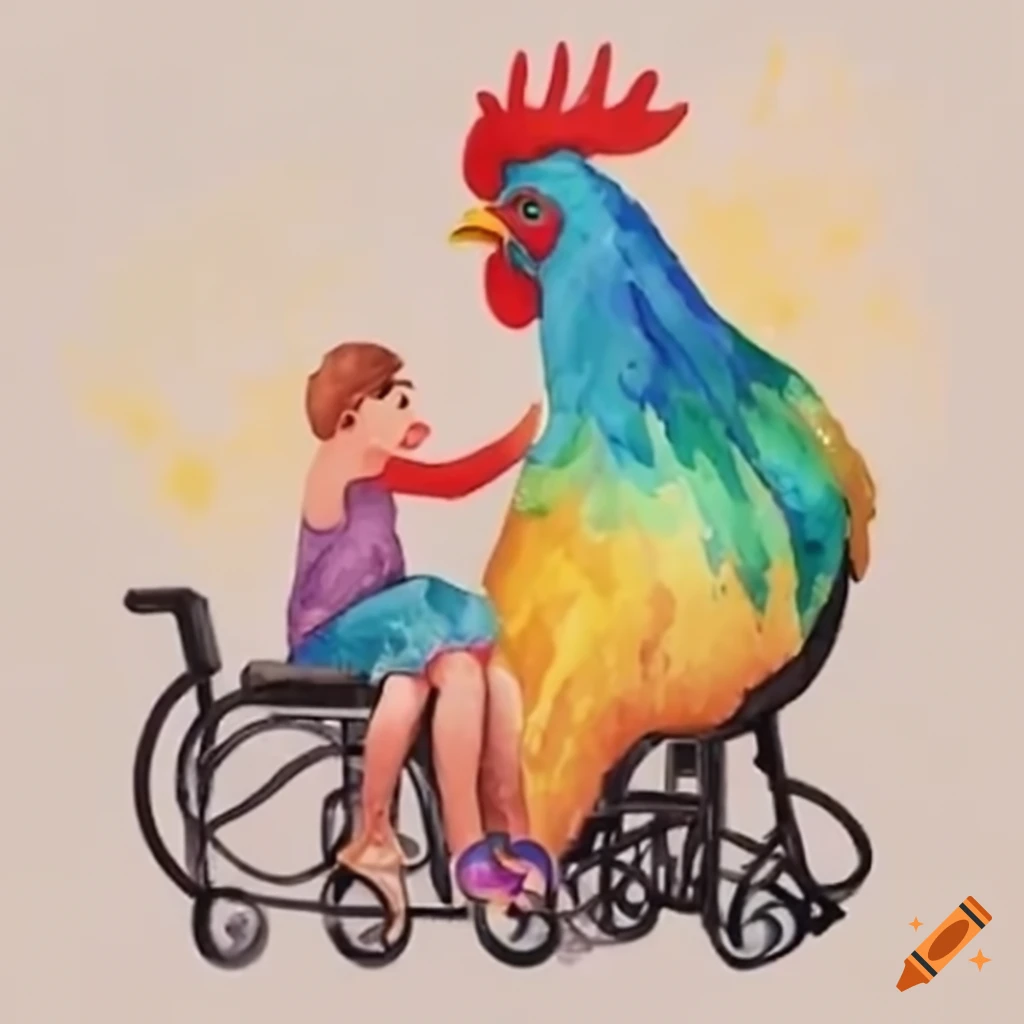 gigantic chicken with a young girl in a wheelchair