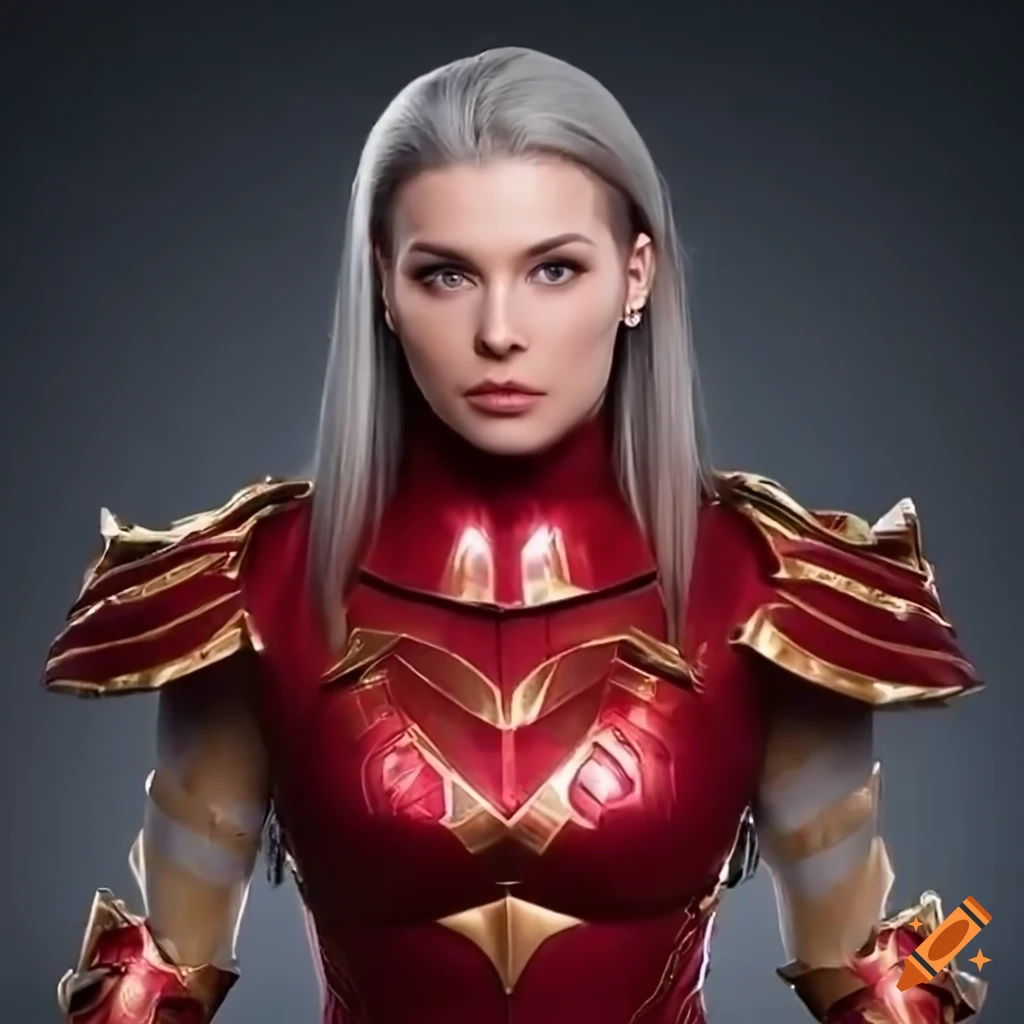 Photorealistic depiction of a woman in red and gold armor on craiyon