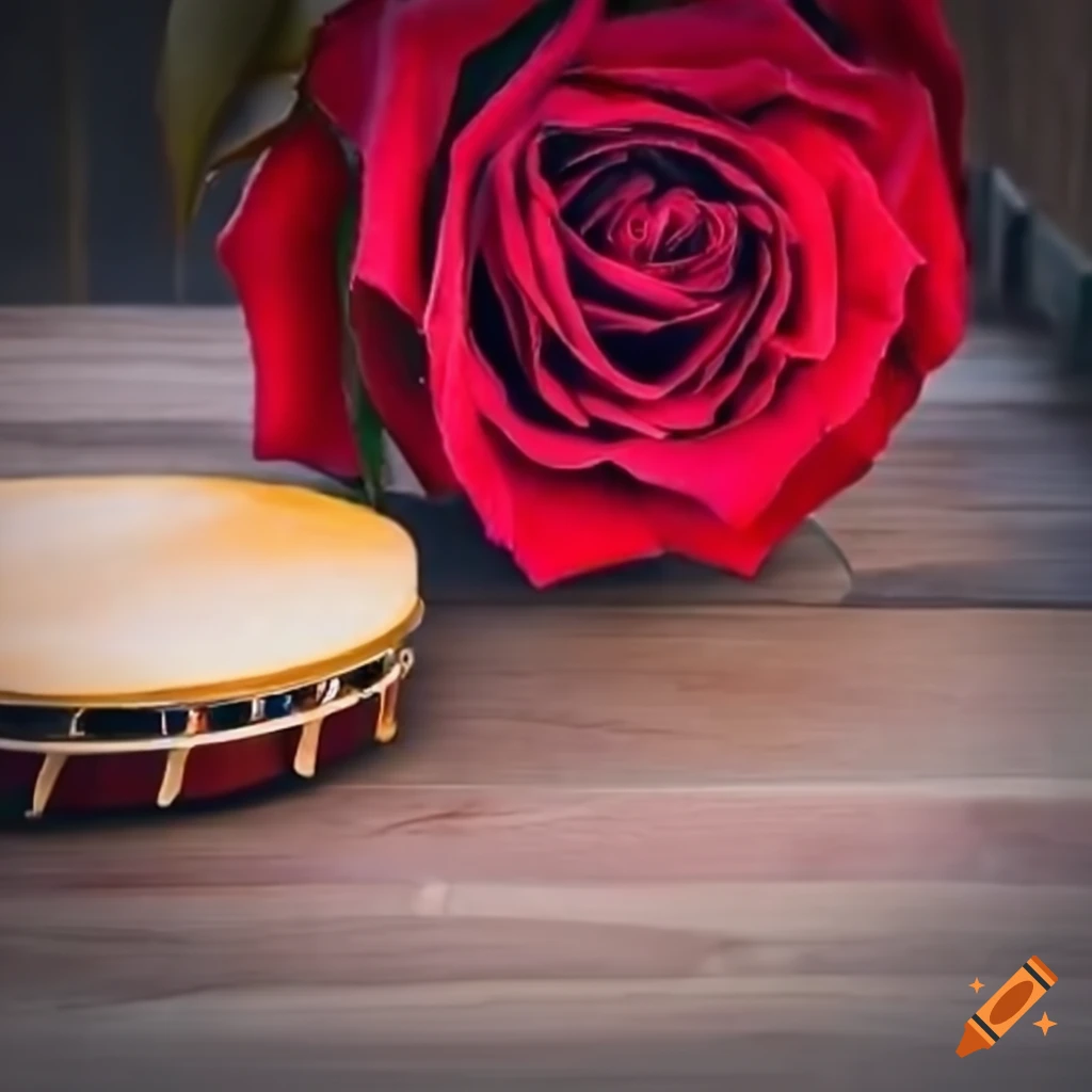 red rose and tambourine on a table in a Spanish plaza