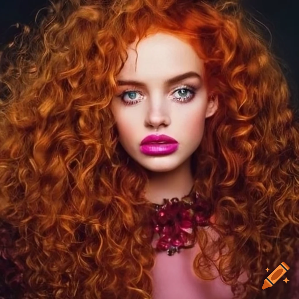 Portrait of a beautiful woman with curly red hair and green eyes on Craiyon