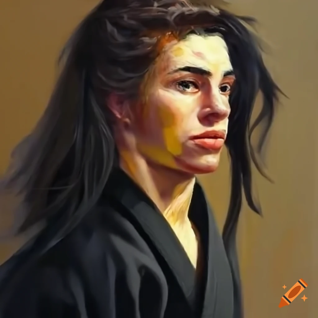 karateka with long hair in black uniform