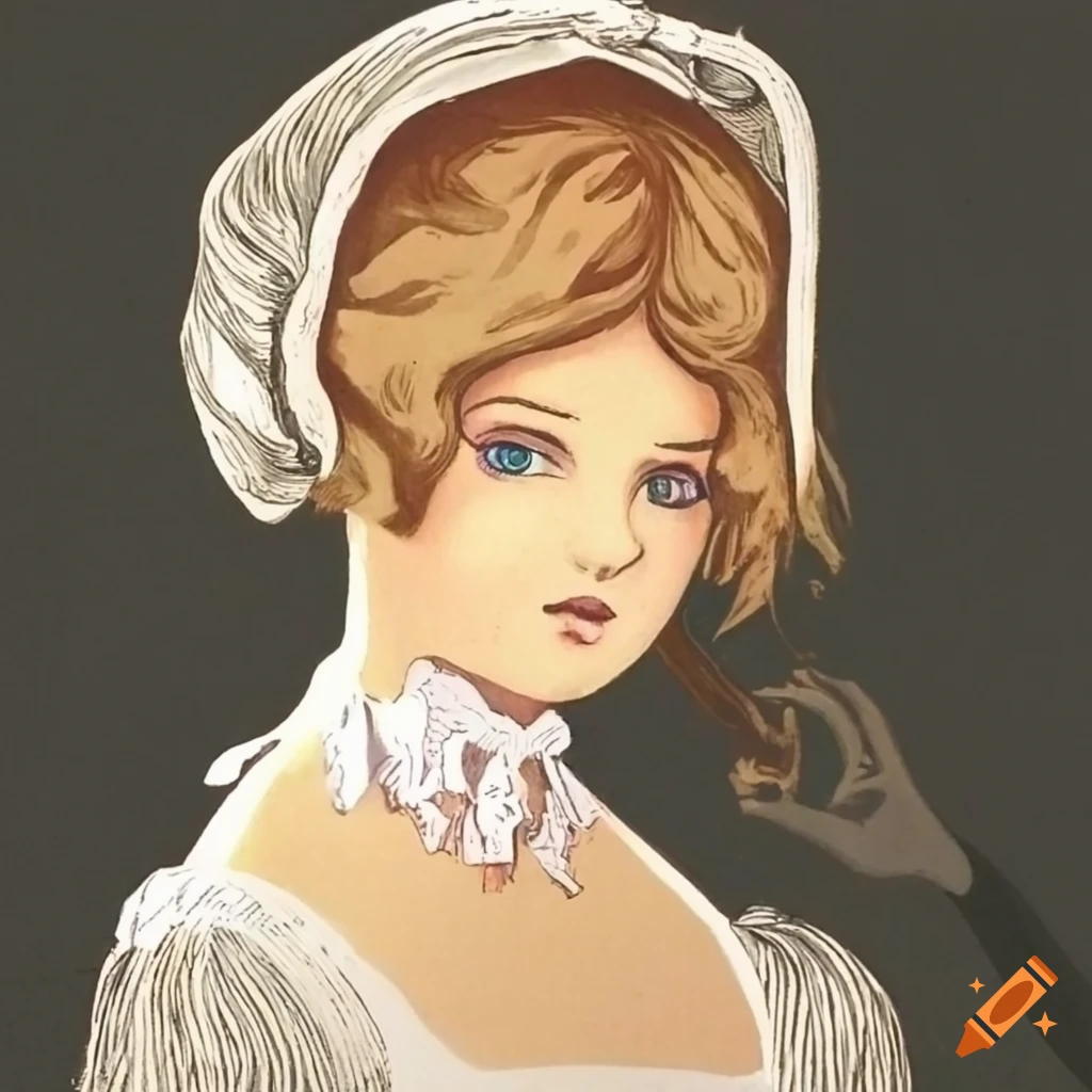 linocut of a young lady in a regency bonnet