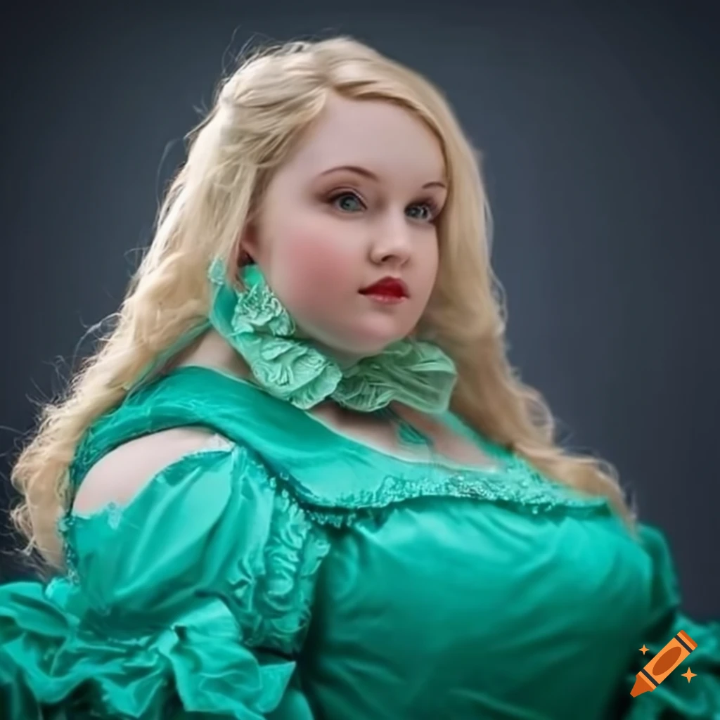 portrait of an elegant plus-sized girl in a green Victorian dress
