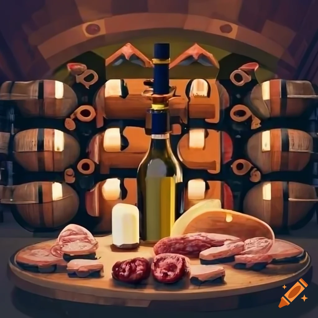 Wine cellar with bottles, barrels, and food on Craiyon
