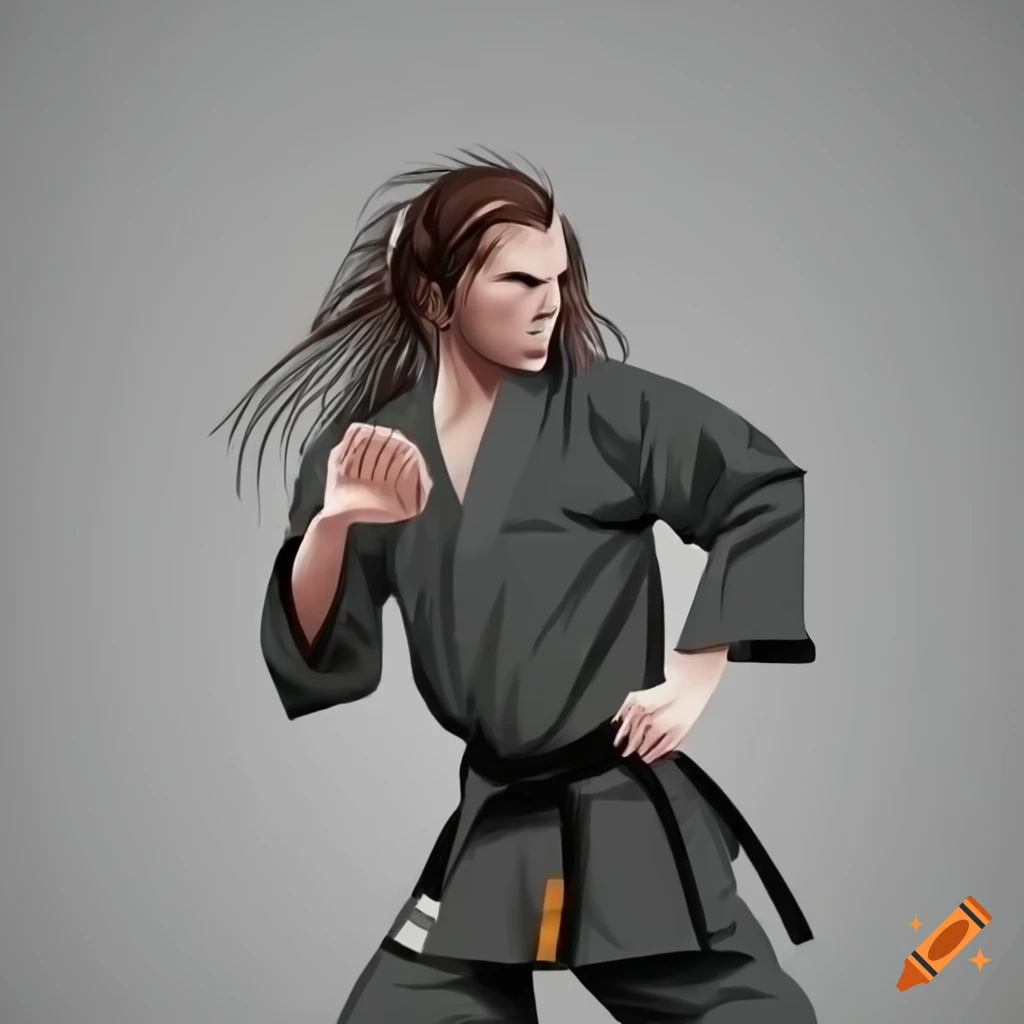 karateka with long hair in black uniform
