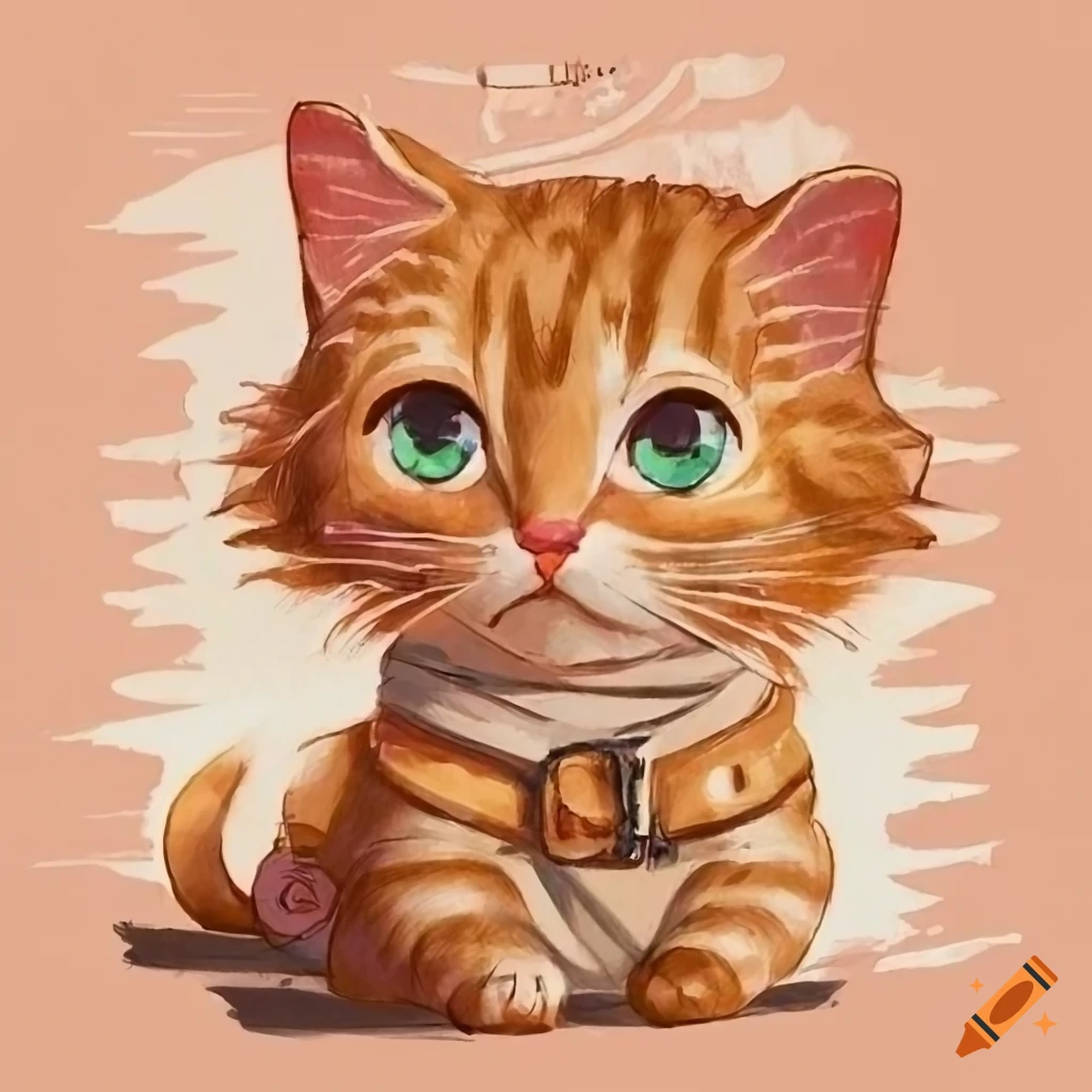 crayon portrait of an orange kitten with torn t-shirt