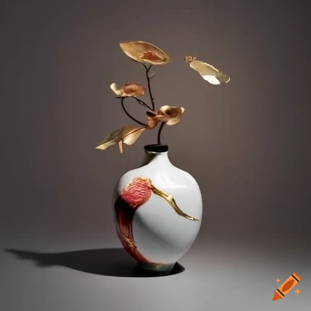 red and gold kintsugi vase with ikebana arrangement