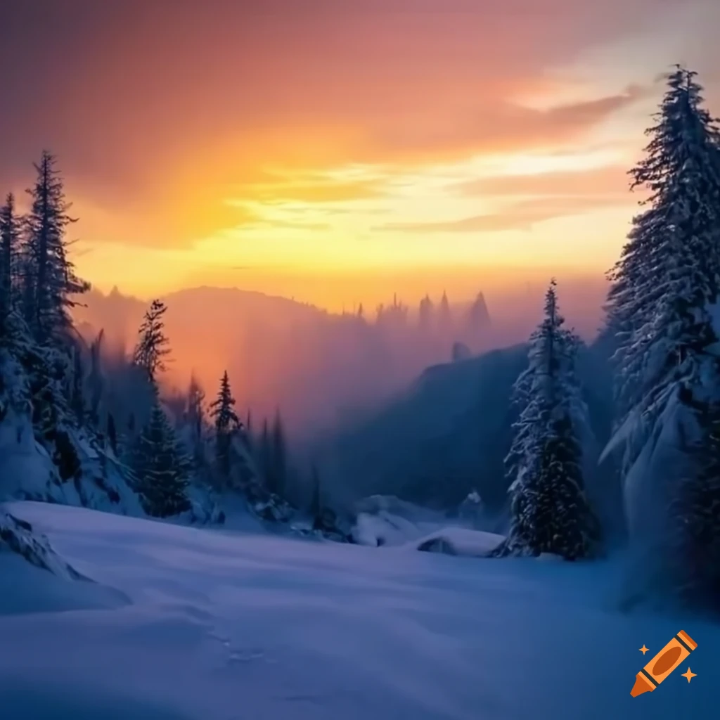 sunrise over a snowy mountain forest valley